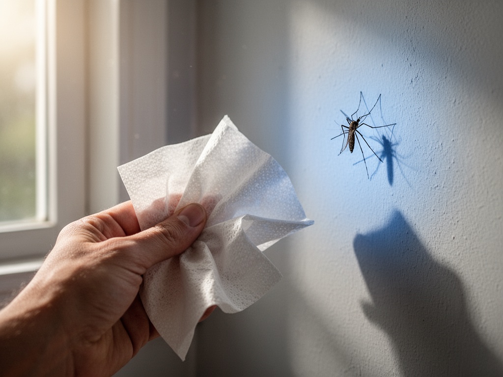 Close-up of a tissue ready to swat, positioned near the wall where the mosquito's small dark shadow is visible against the blue glow.