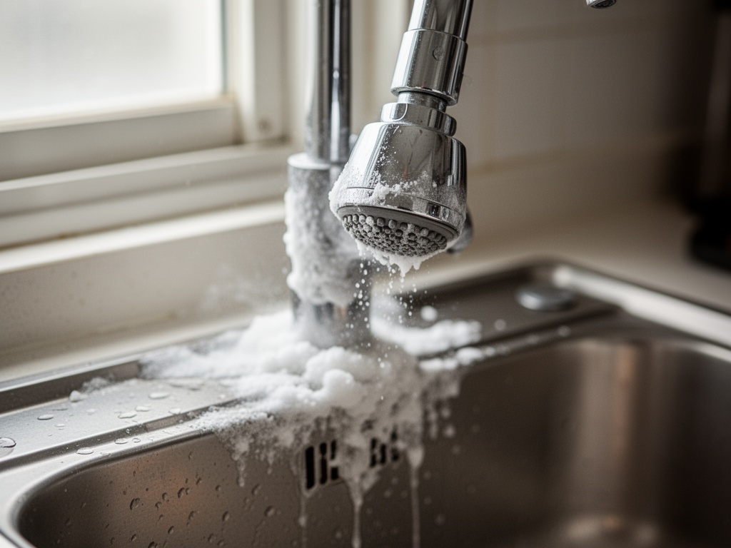 A Korean kitchen sink showing buildup of white calcium deposits around the faucet base and aerator.