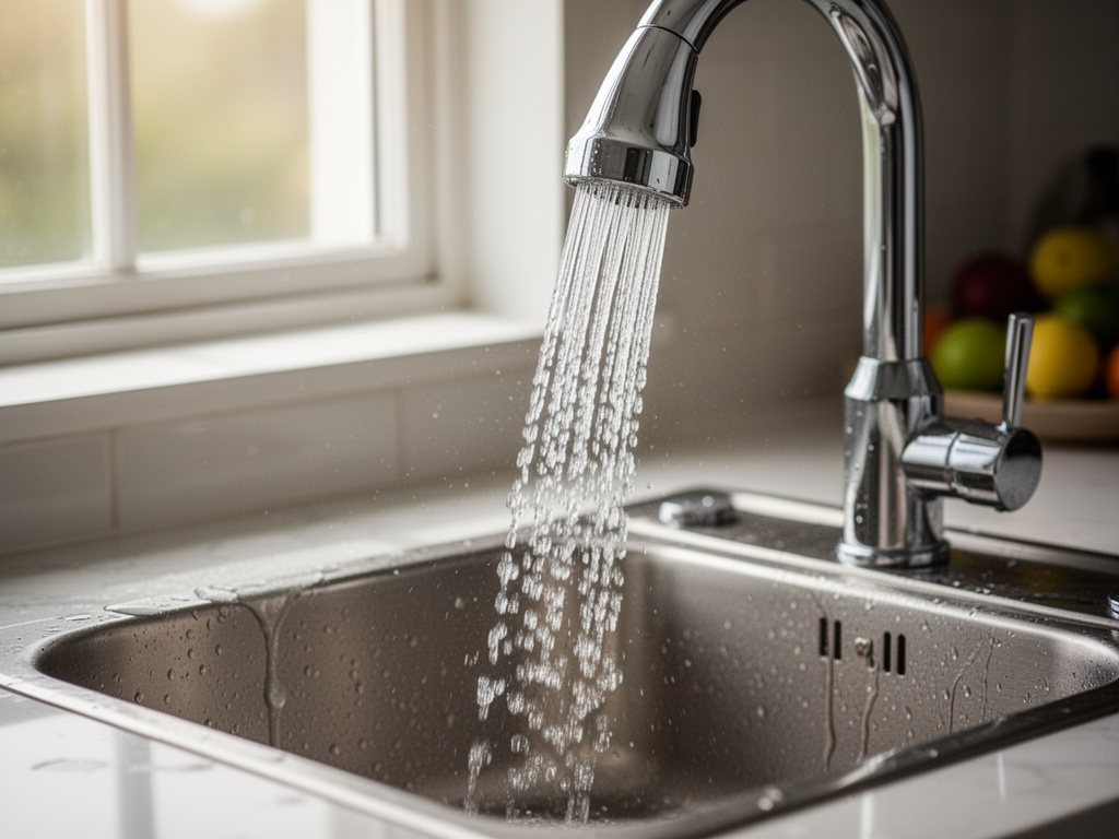Clear running water rinsing away dissolved limescale from the faucet, surface now gleaming and deposit-free.
