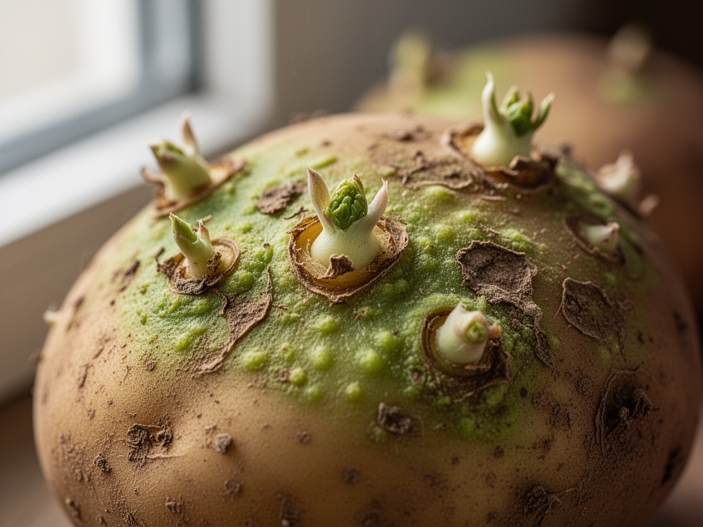 Close-up of sprouting potato eyes and green-tinged skin showing solanine buildup and early decay signs.