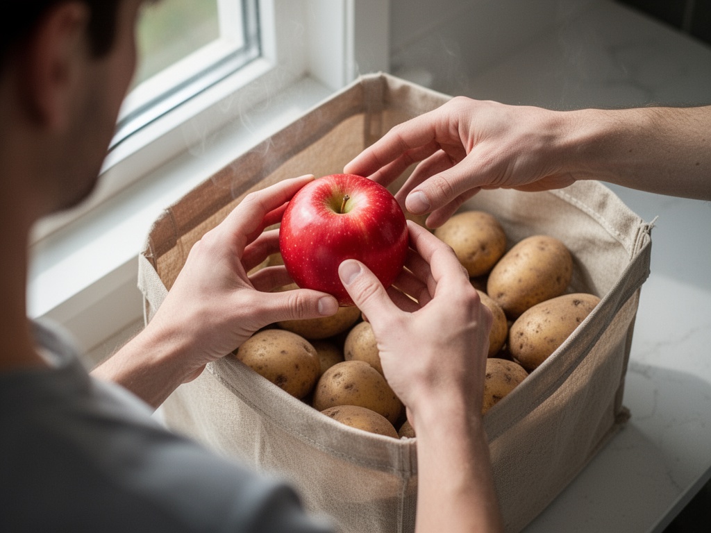 Hands placing a plain apple into a breathable paper storage container alongside potatoes, demonstrating ethylene gas preservation method.