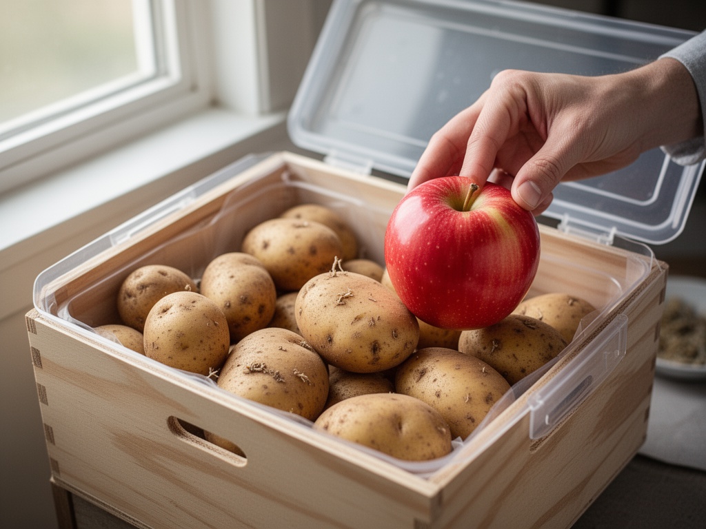 Open storage box showing potatoes remaining firm and sprout-free after weeks, with apple being inspected and replaced if softened.
