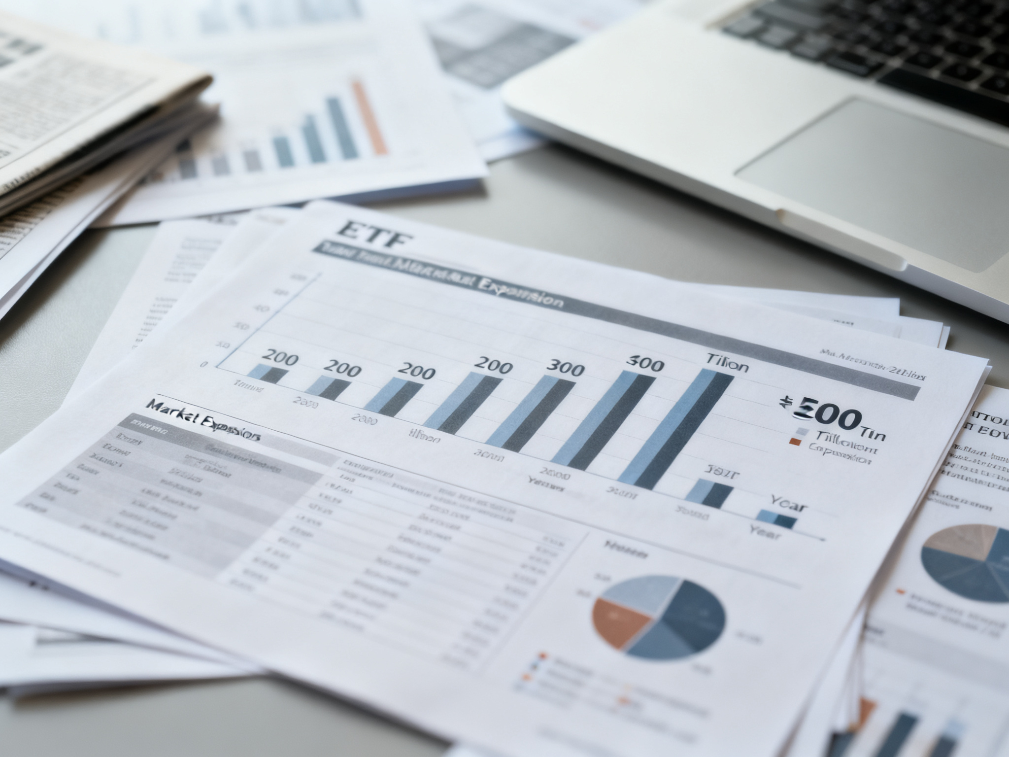 Documents and charts scattered on desk illustrating ETF market expansion from 200 trillion to 500 trillion over one year.