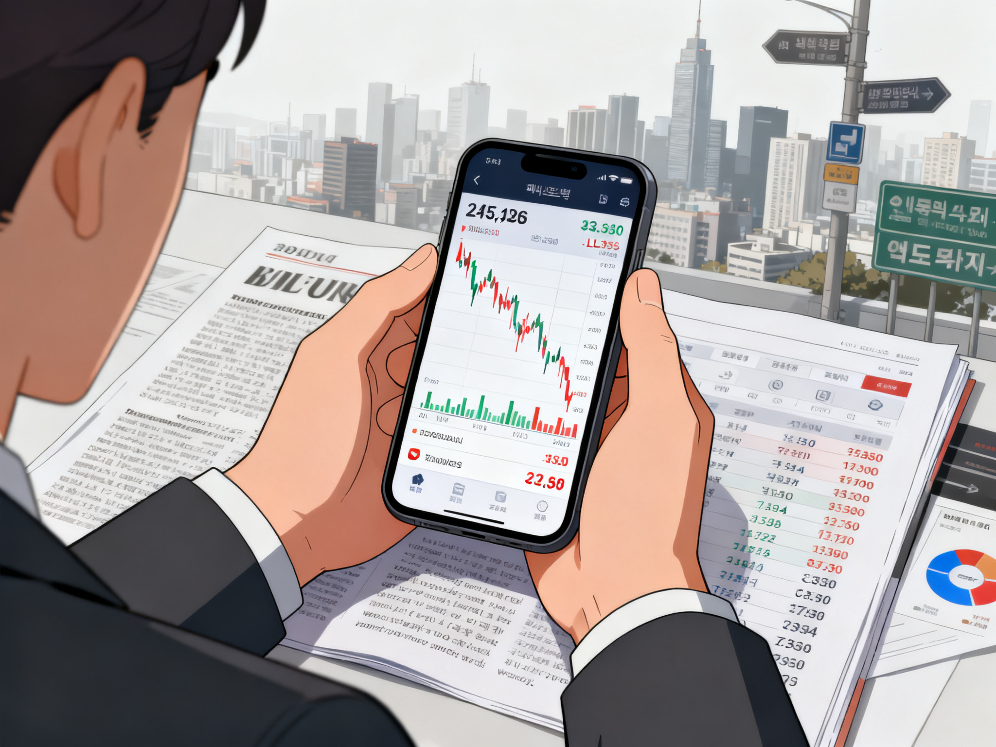 Investor hands holding smartphone showing real-time stock price drops and trading losses on a financial app interface.