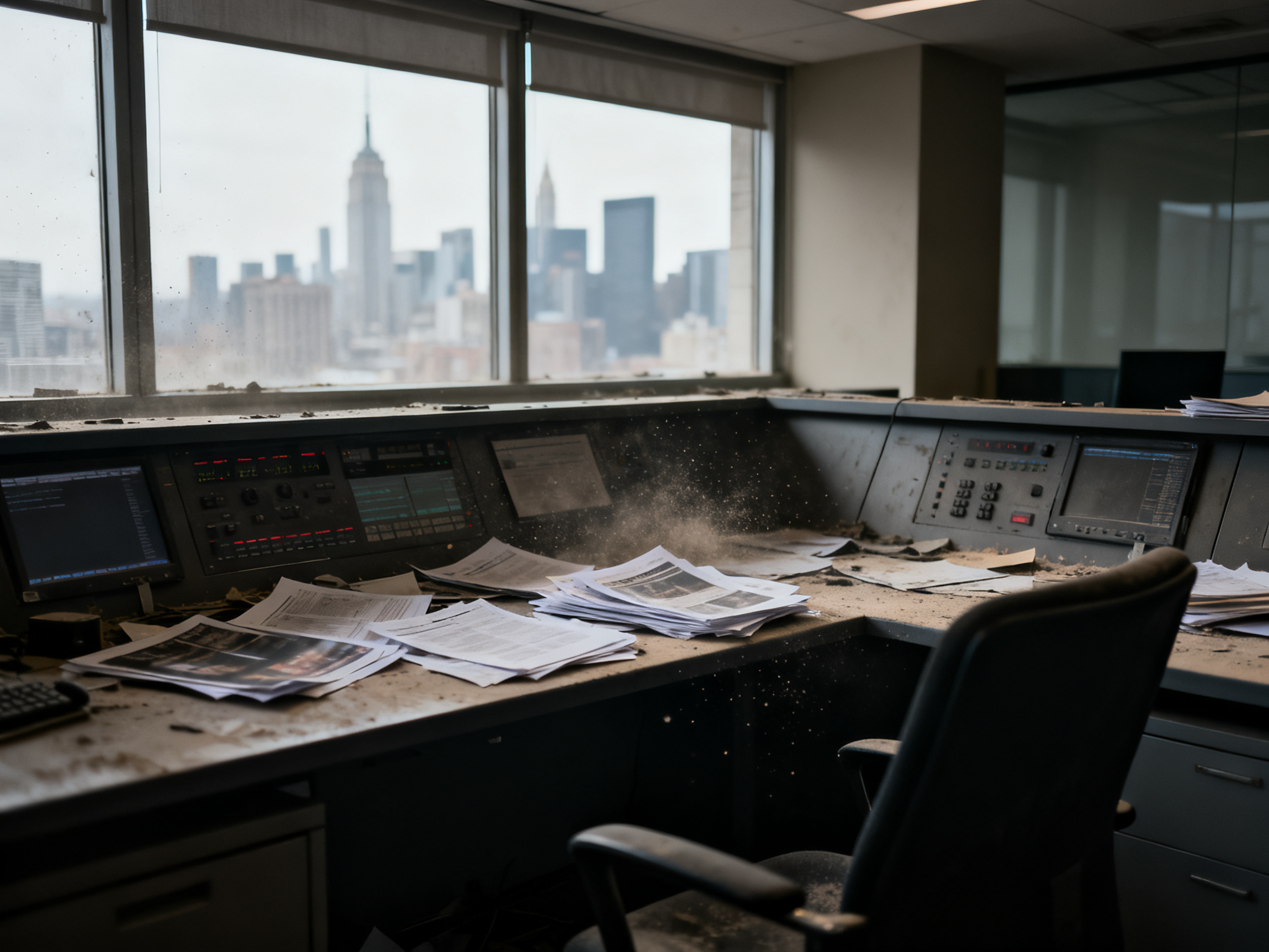 Empty office space with dim lighting and abandoned trading desk, symbolizing investor losses and market volatility aftermath.