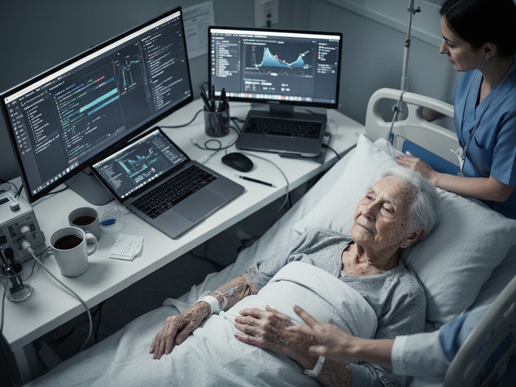 Elderly patient in hospital bed with caregiver present, representing current full out-of-pocket burden structure.