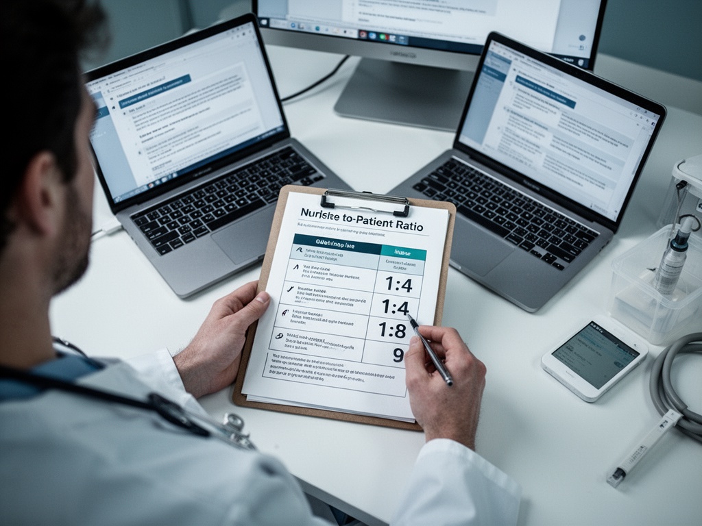Medical staff clipboard with nursing-to-patient ratio guidelines (1:4 nurse, 1:8 aide) being reviewed in a care facility.