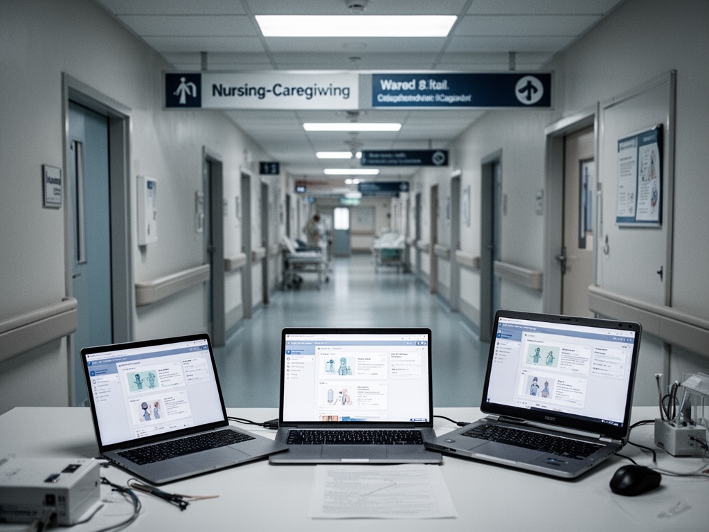 Hospital corridor with integrated nursing-caregiving ward signage, symbolizing transition from individual caregivers to institutional care systems.