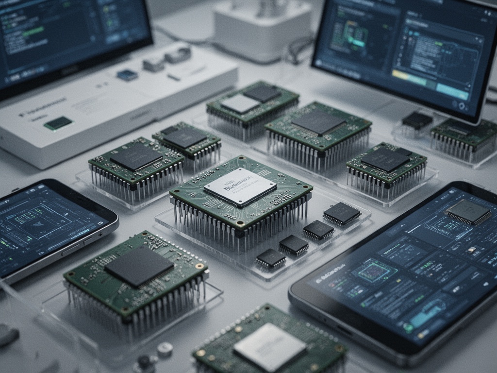 Rows of advanced computing processors and semiconductor chips arranged on display surface in laboratory setting.