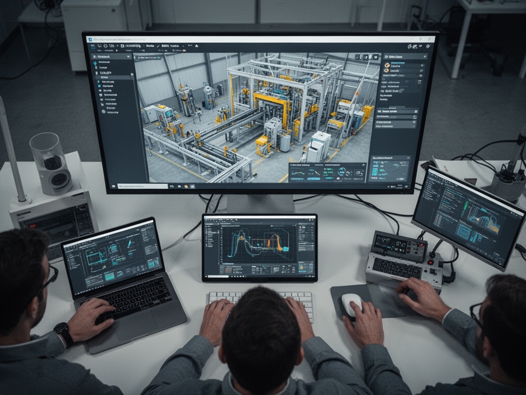 Technical team reviewing digital twin simulation on large screen showing manufacturing facility operations in real-time.