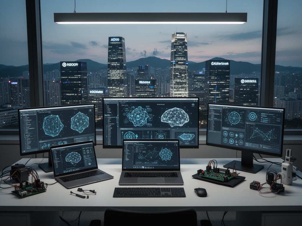 Seoul skyline at dusk with illuminated office buildings representing major tech headquarters and AI infrastructure hubs.