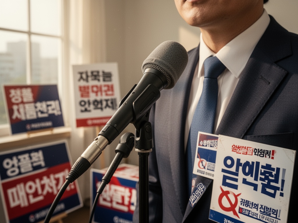 A candidate at a microphone during early campaign phase, surrounded by protest signs and negative campaign materials.