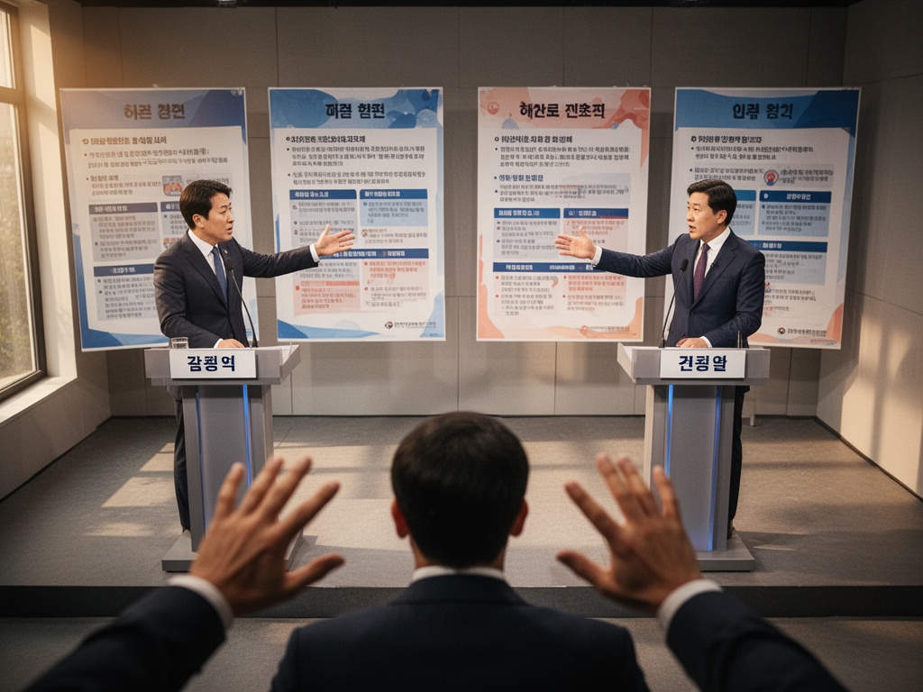 Two candidates debating intensely at podiums on a television debate stage, gesturing toward large policy posters behind them.