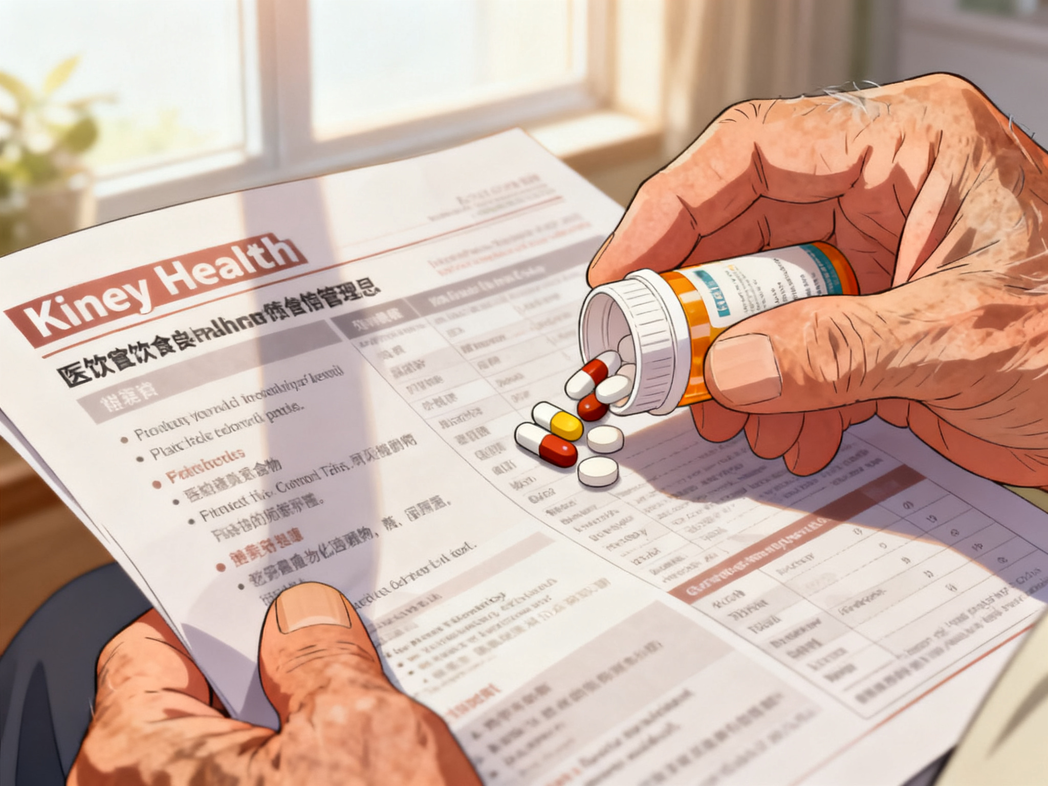 An older adult's hands holding a pill bottle while reviewing printed dietary guidelines for kidney health management.