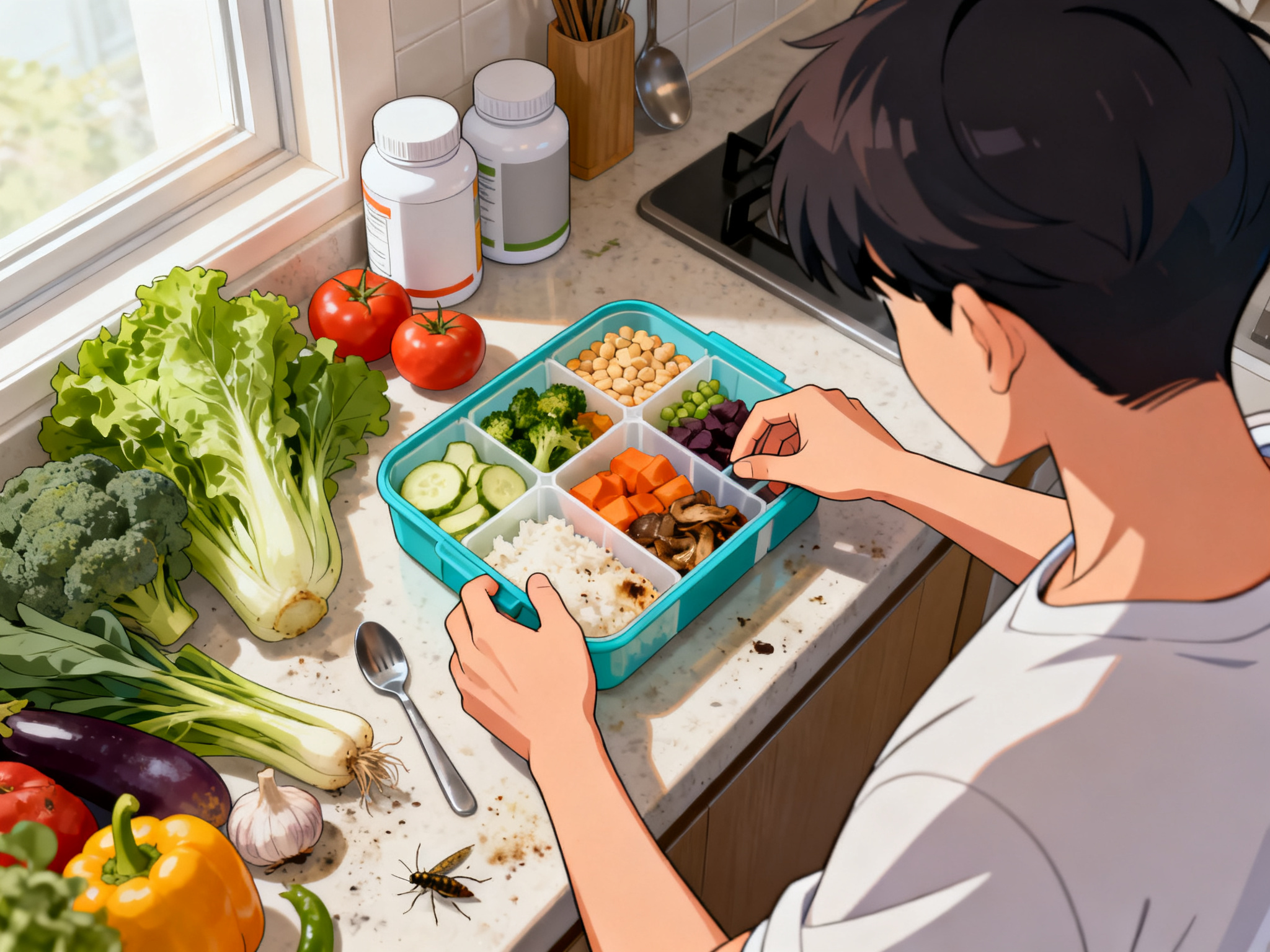A kitchen counter with fresh vegetables, plain unmarked supplements, and a meal prep container being organized for weekly portions.