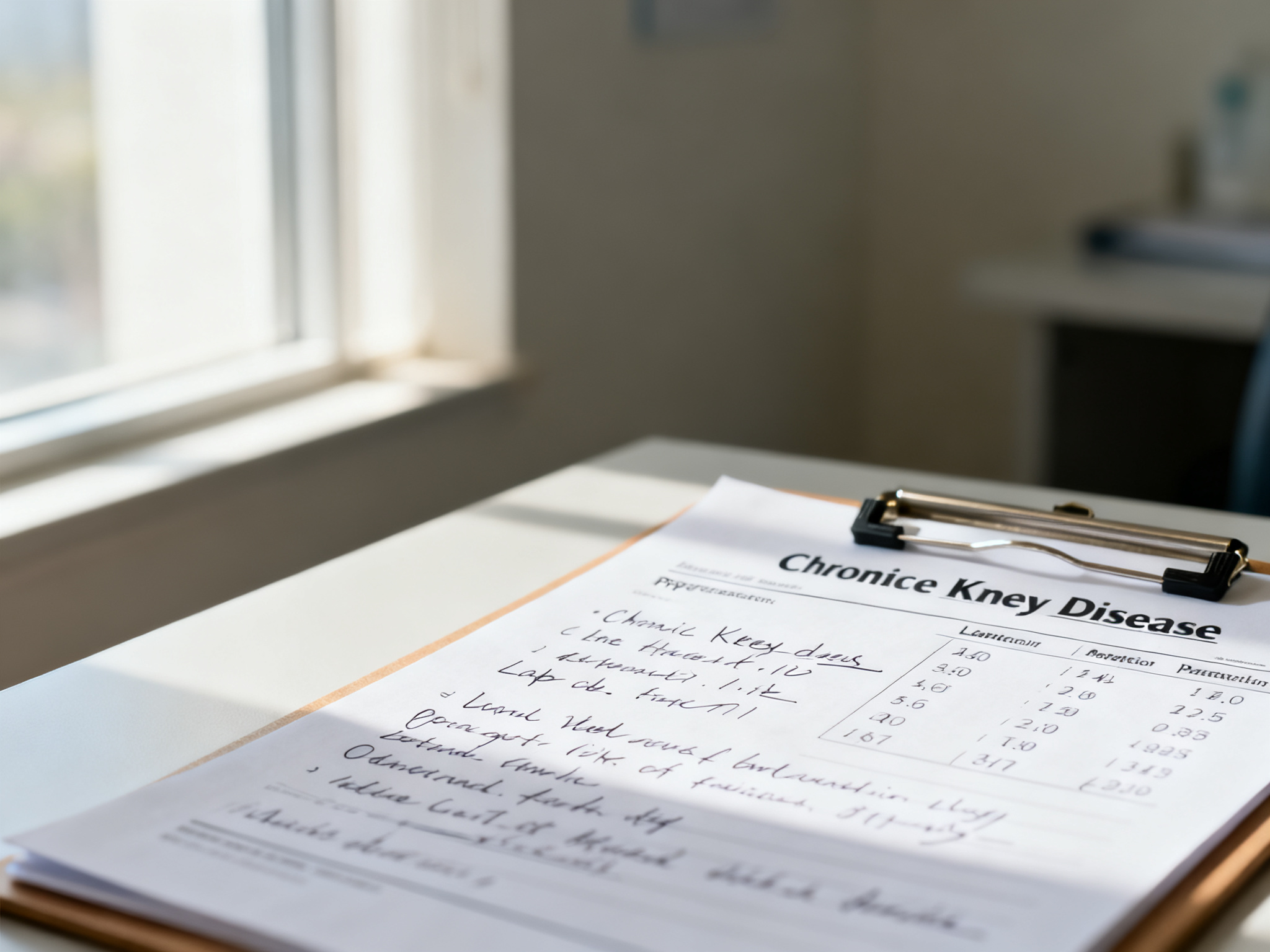 A doctor's clipboard with handwritten notes on chronic kidney disease progression, lab values, and medication adjustments visible on desk.