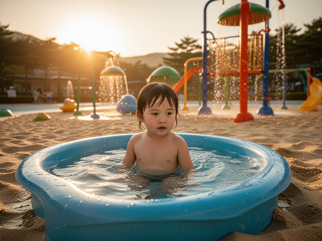 Young child in shallow kiddie pool with water play structures and artificial sandy beach area at Korean resort