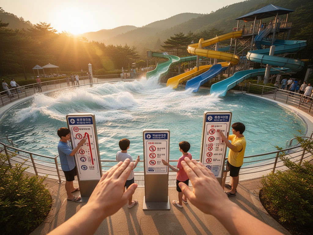 Family group navigating between indoor wave pool and outdoor slide zones, consulting height restriction signs