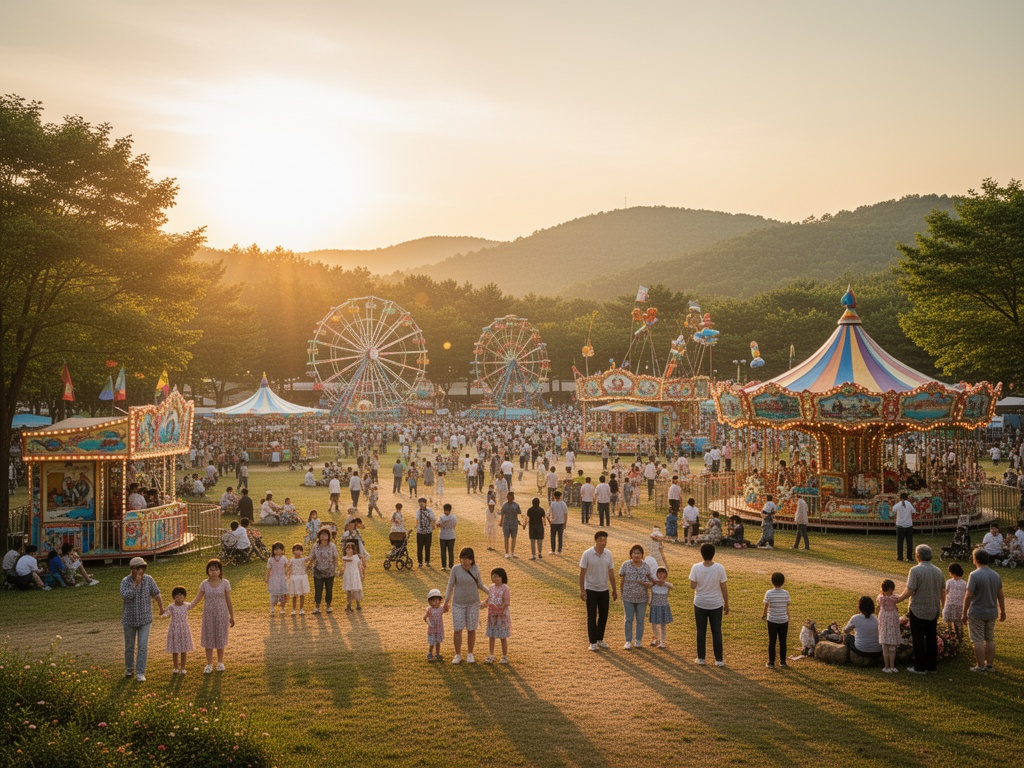 Crowded summer weekend scene with multiple generations enjoying different themed attractions across expansive park grounds