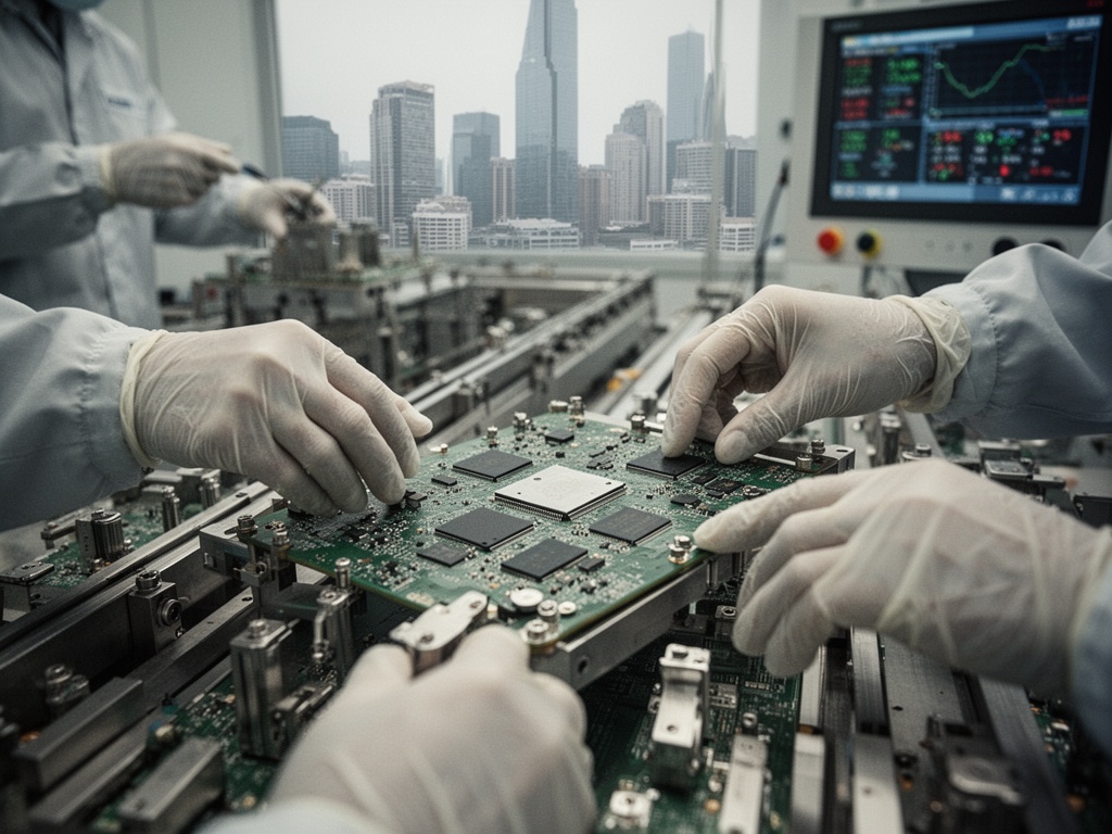 Semiconductor manufacturing facility interior showing production lines with worker hands adjusting equipment and circuit boards.