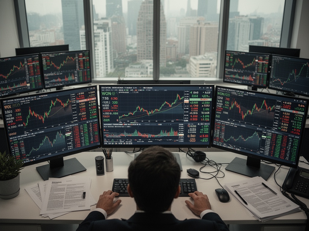A currency trading floor with multiple computer monitors displaying real-time won-dollar exchange data and financial charts flickering.