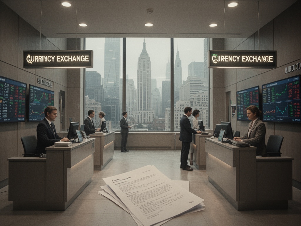 Bank headquarters interior with customers at service counters and currency exchange signage, reflecting subdued market atmosphere.