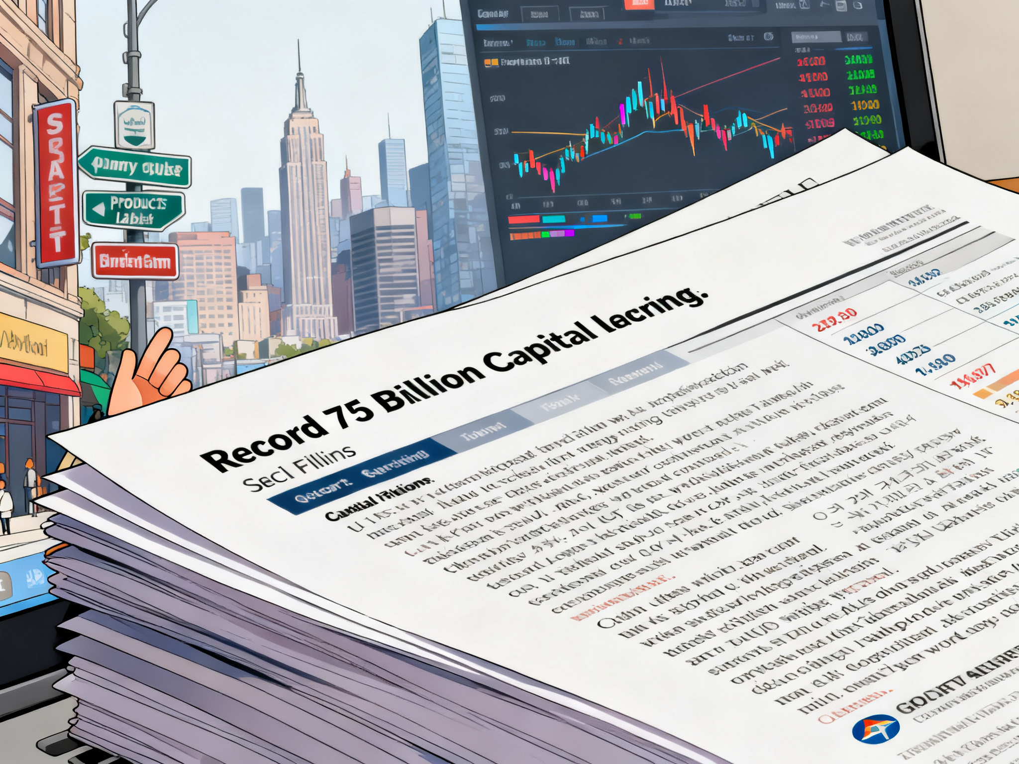 Stacked quarterly reports and SEC filings representing the record 75 billion dollar capital raise timeline.