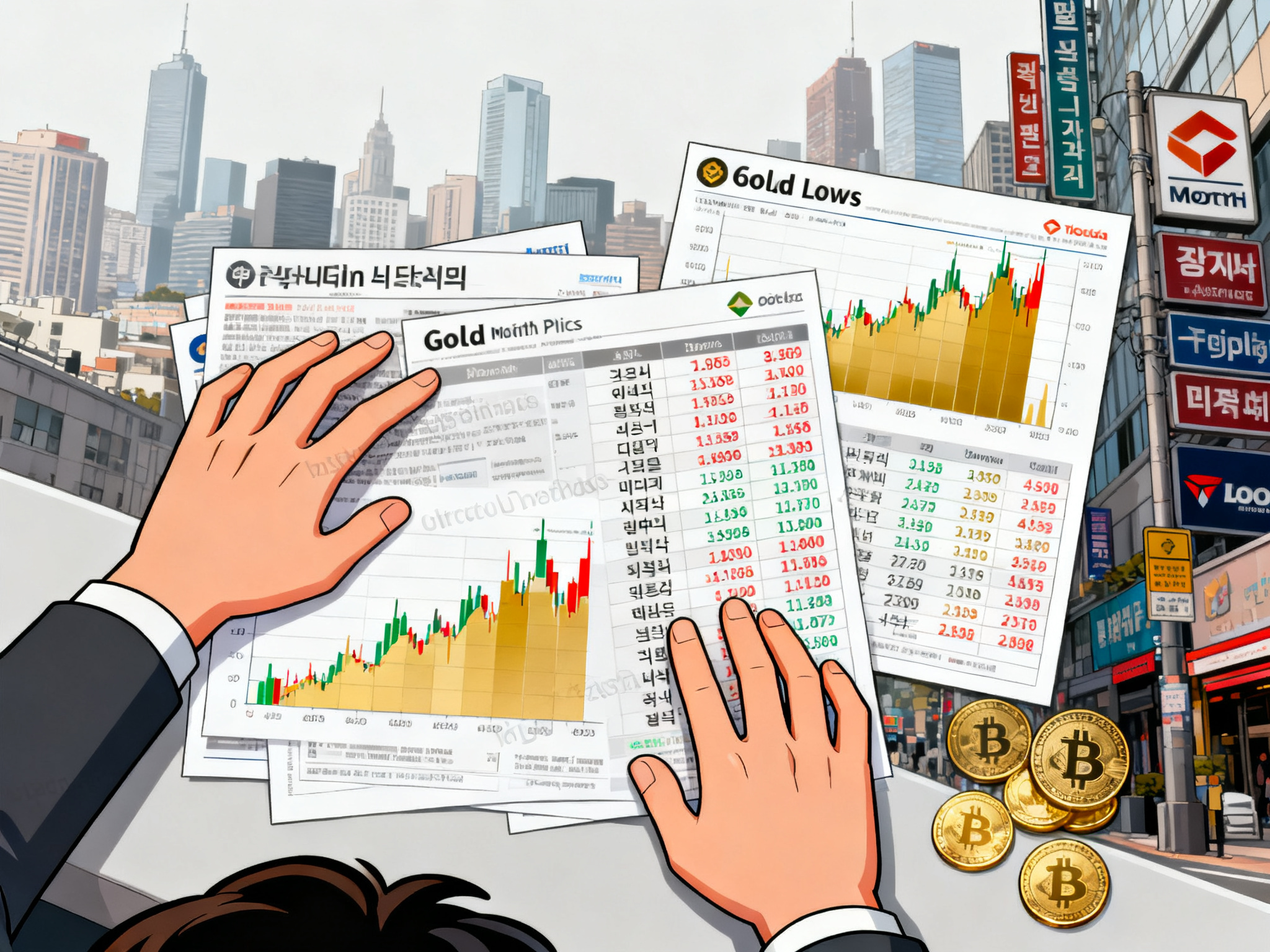 Hands arranging cryptocurrency exchange data printouts next to gold price charts showing six-month lows simultaneously.