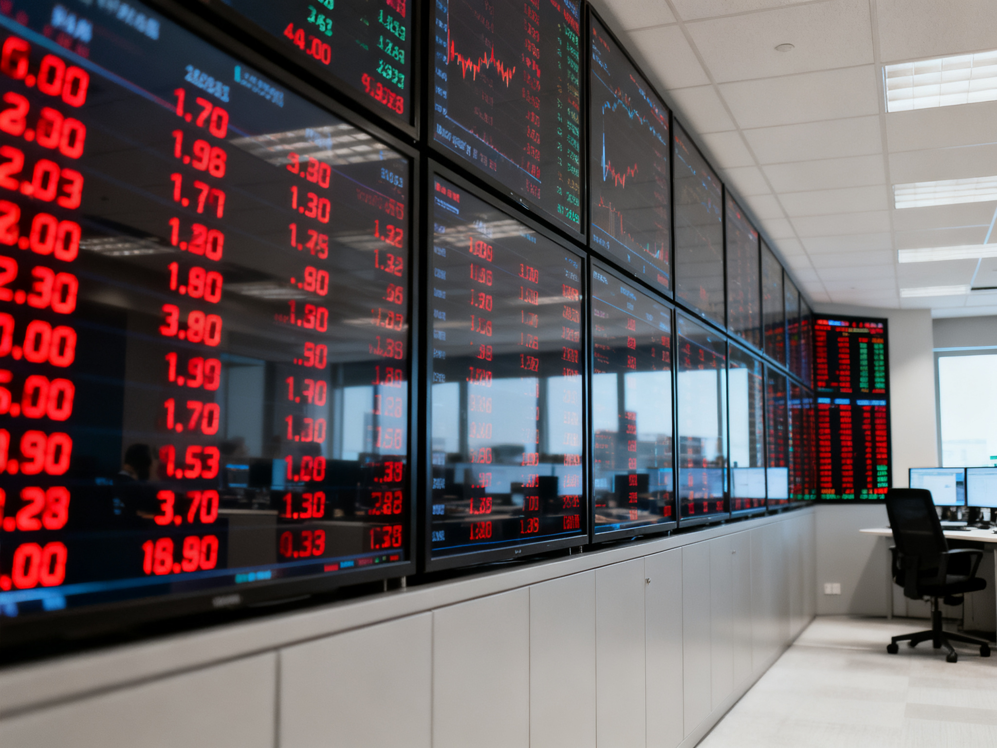 Wide view of financial trading floor screens reflecting cascading red numbers and outflow statistics across multiple asset classes.