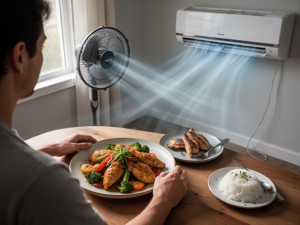 A standing fan placed opposite the air conditioner, angled to push cold air across the room in a crossing pattern for maximum distribution.