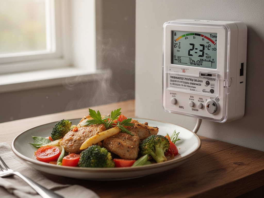 A thermostat display showing temperature set 2-3 degrees higher than usual, with a visible electricity meter indicating reduced power consumption.