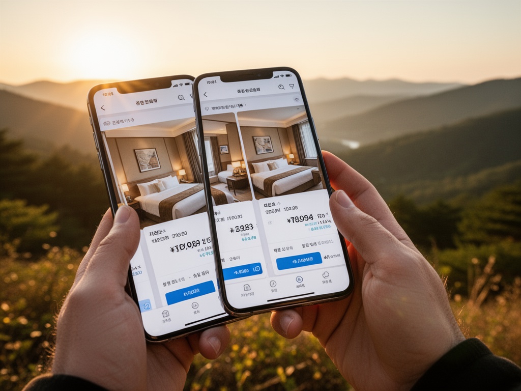 Traveler's hands holding a smartphone showing identical hotel room listed at different prices on consecutive days.