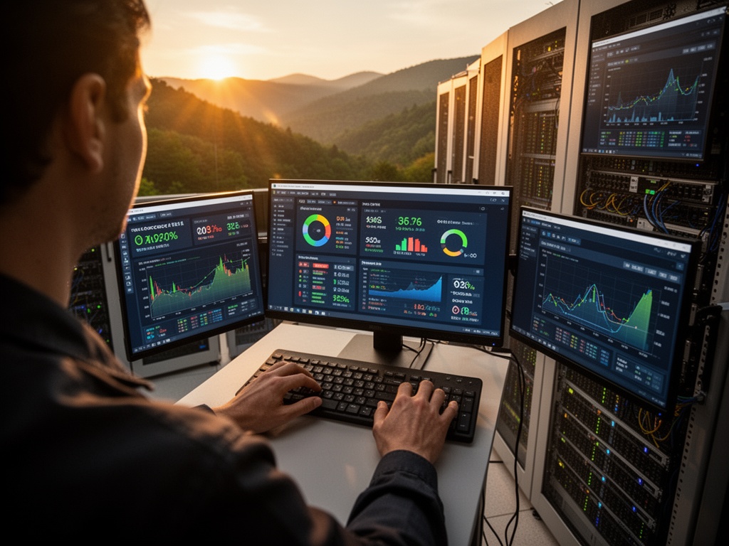 Computer servers processing real-time data streams including occupancy rates, competitor pricing, and booking patterns in a data center.