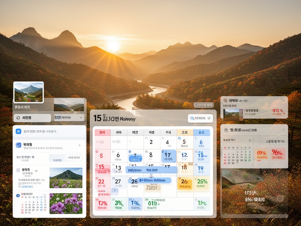 Calendar grid highlighting optimal booking dates (15 days before, Tuesday morning) with savings percentages overlaid on a travel planning interface.