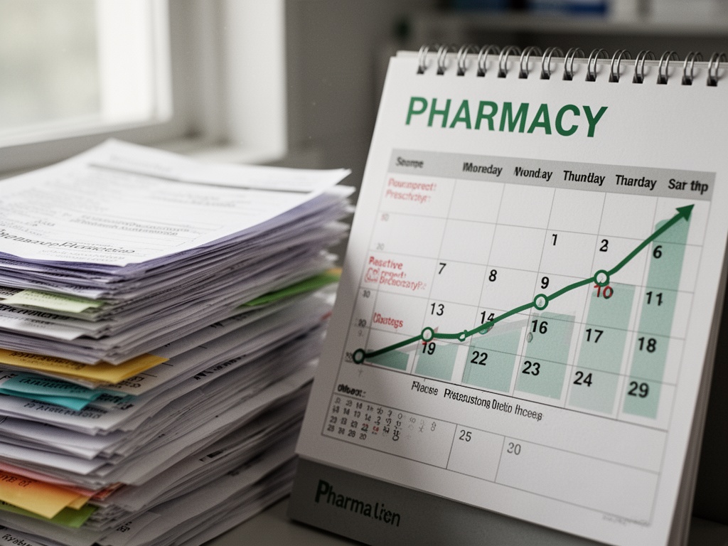 Pharmacy counter with stacked prescription records and a calendar marking rapid prescription increases over months.