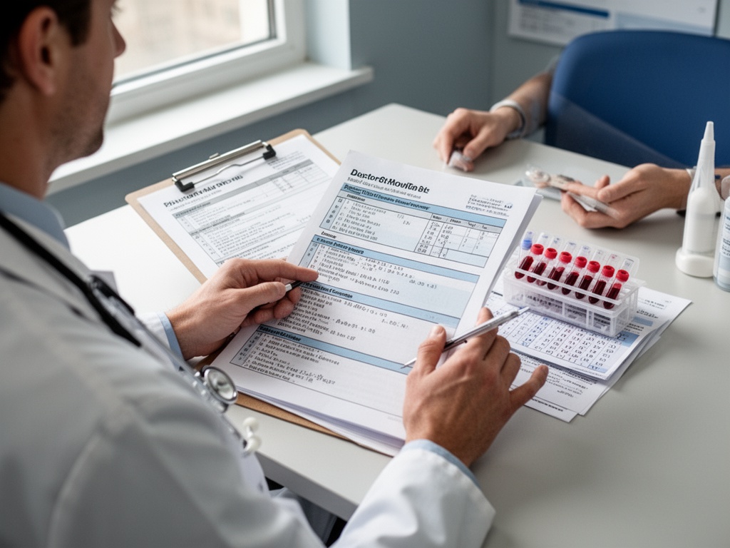 Doctor reviewing patient charts and blood test results in a clinical consultation room setting.