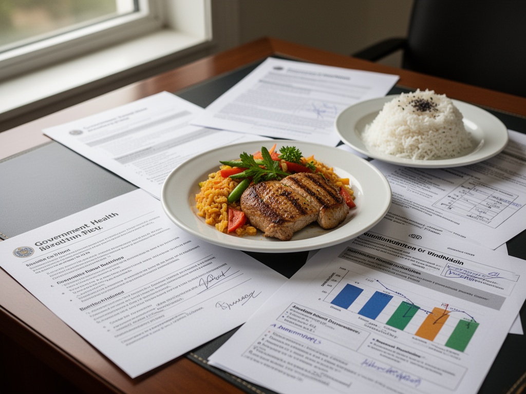 Government health policy documents and nutrition guideline sheets spread across an official desk with charts and amendments.