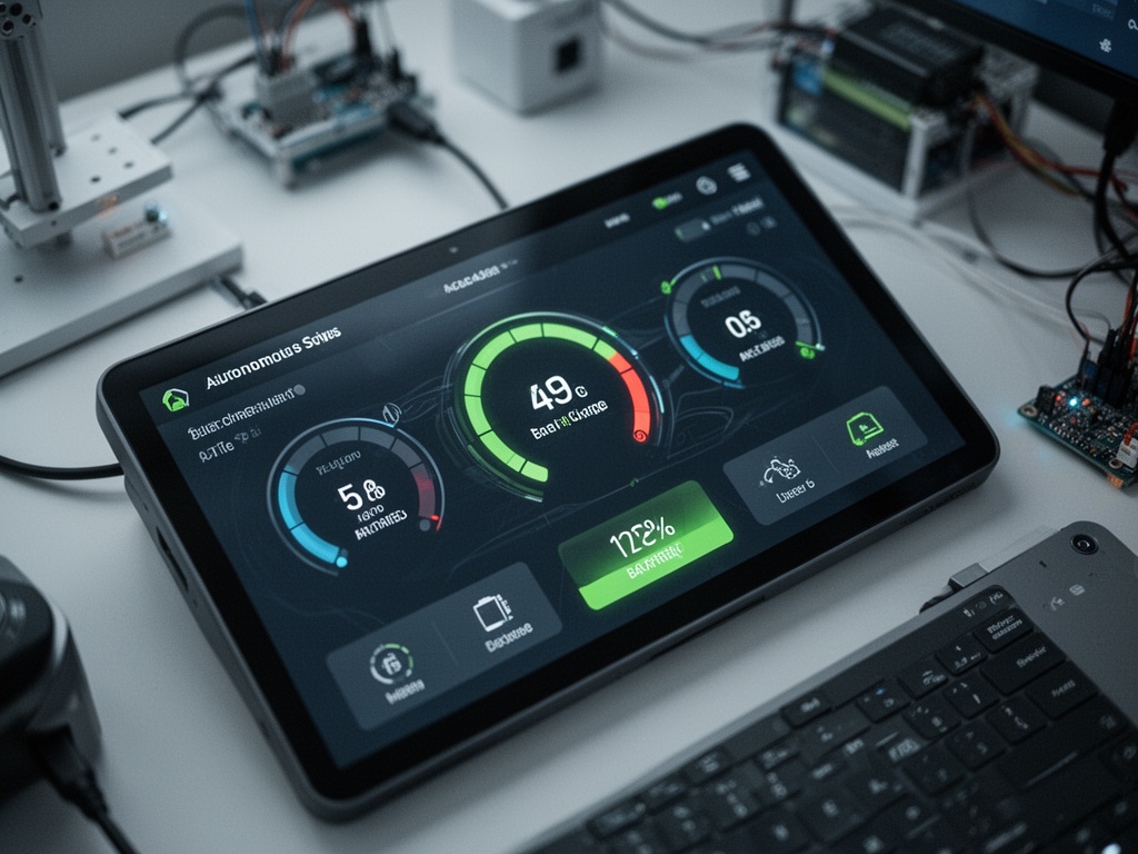 Close-up of advanced dashboard interface showing autonomous driving system controls and battery charge percentage.