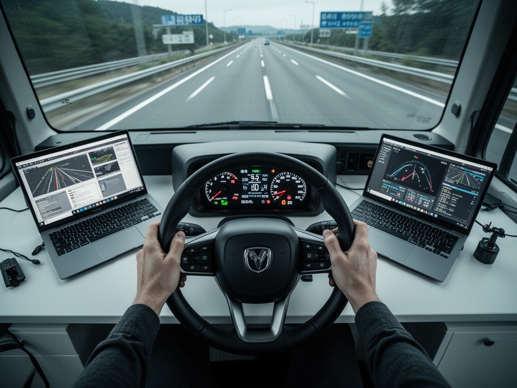 Hands gripping steering wheel as vehicle accelerates on a Korean expressway with digital speedometer visible.
