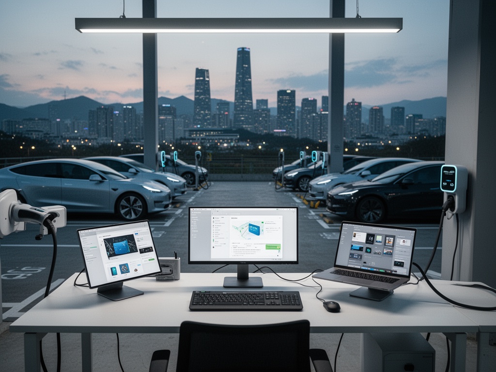 City skyline of Seoul at dusk with multiple electric vehicles parked in a charging station lot.