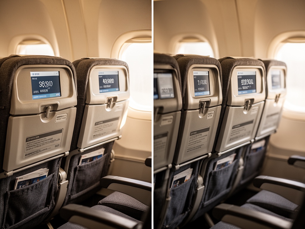 Split-screen comparison of two identical economy seat rows in an aircraft cabin with different price tags displayed.