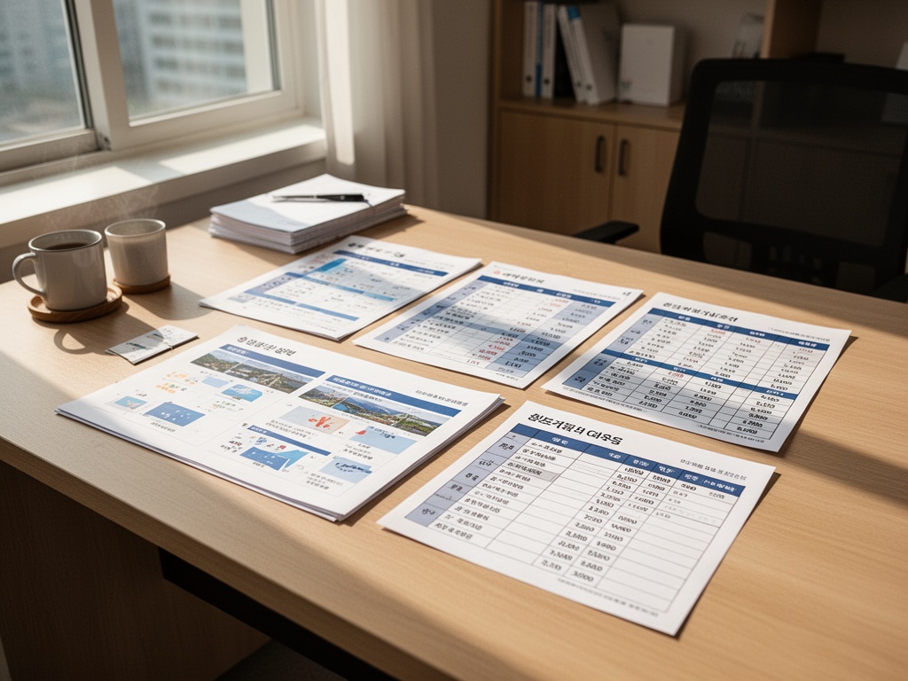 Korean travel agency office desk with pricing charts and booking class tables spread out for customer consultation.