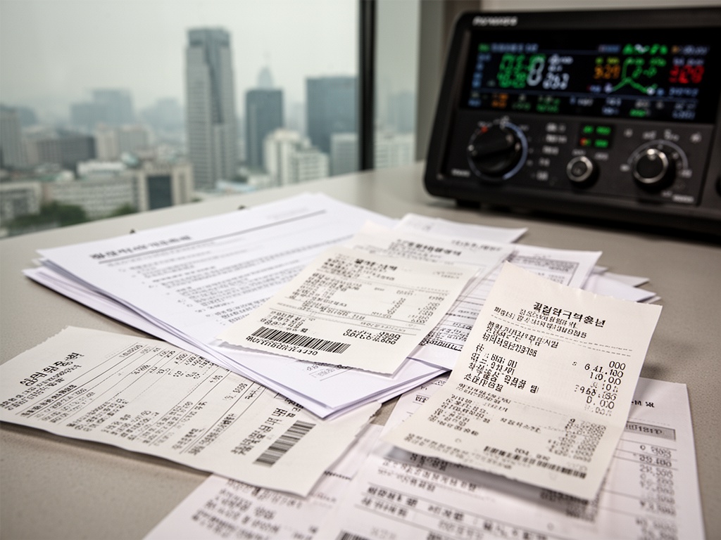 Korean small business storefront with utility bills, insurance notices, and fuel receipts scattered on counter.