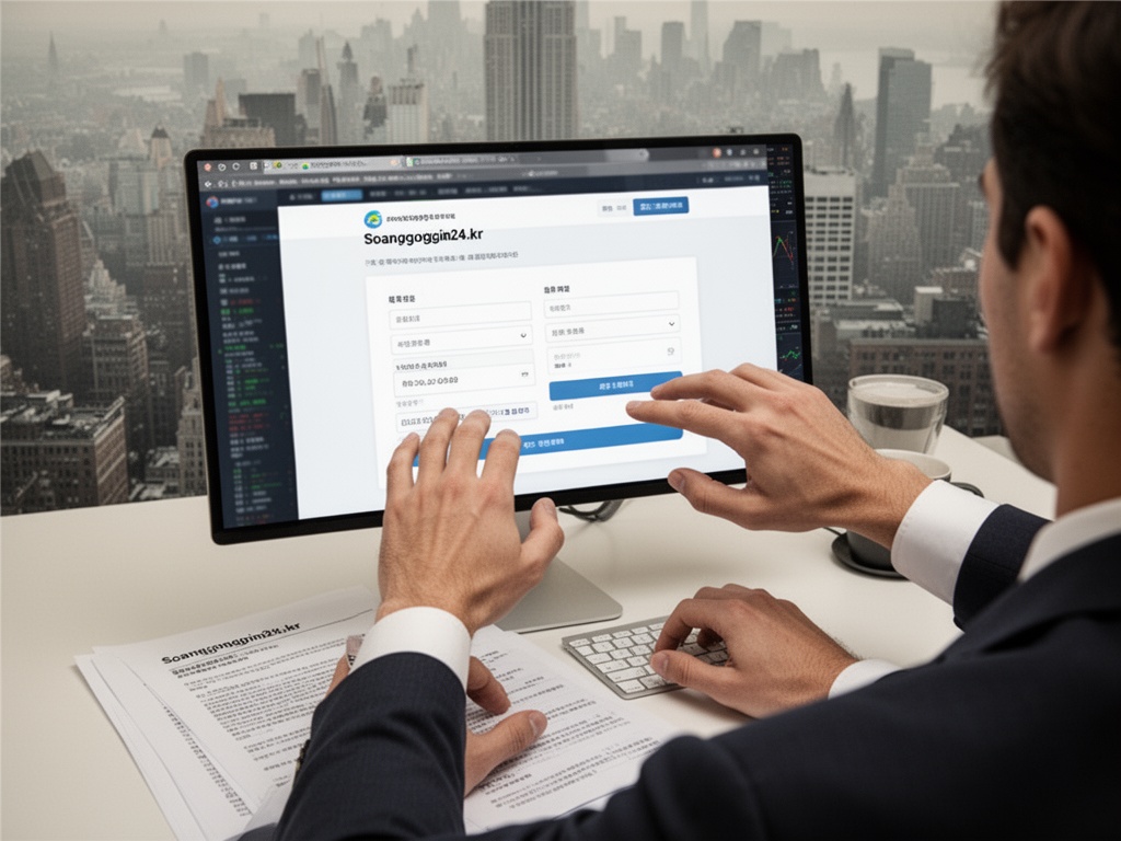 Hands entering business information on a computer screen at soangonggin24.kr application portal.