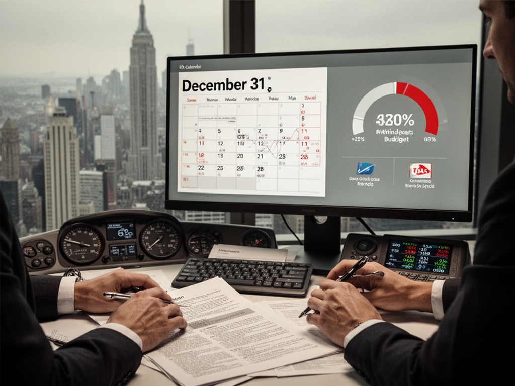 Calendar marking December 31st deadline with dwindling budget percentage meter displayed on monitor background.