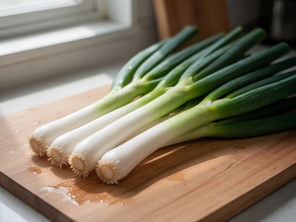 Fresh whole green onions with white stems and green leaves separated on a Korean kitchen counter.