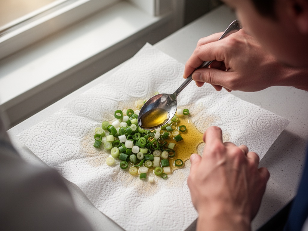 Hands mixing chopped green onion pieces with a spoonful of cooking oil on paper towels to remove moisture.