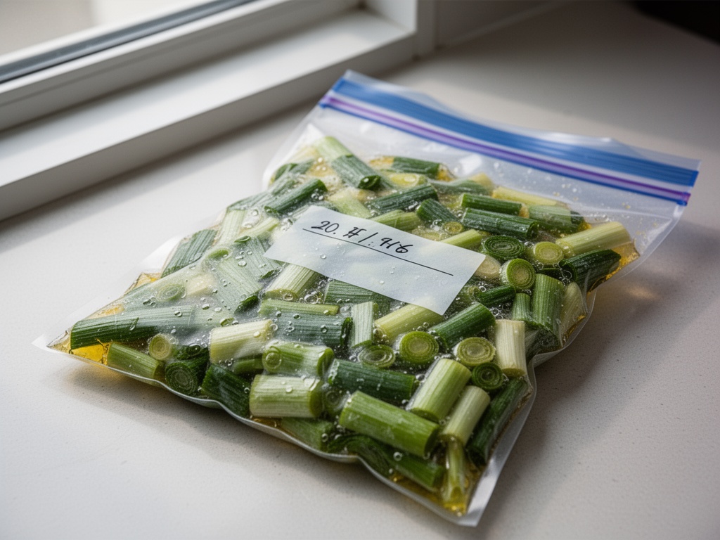 Flattened freezer bag of oil-coated green onion pieces labeled with date, ready for long-term frozen storage.