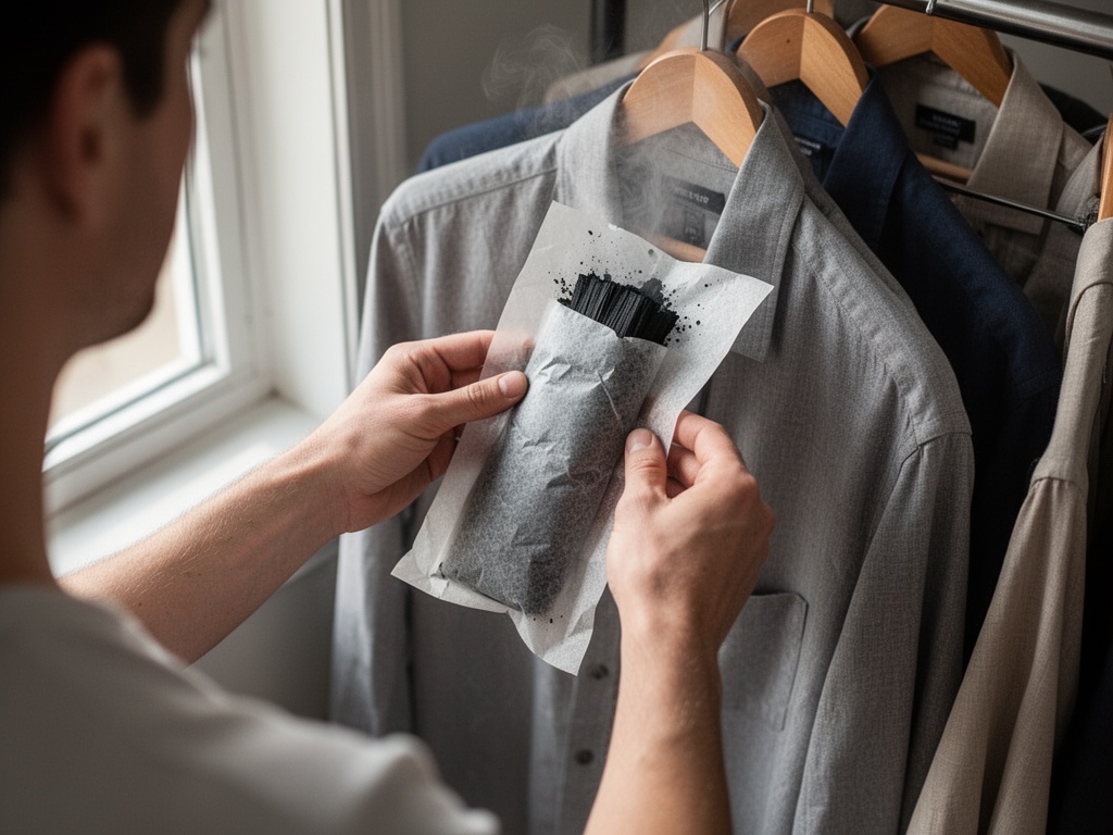 Hands placing activated charcoal wrapped in paper between hanging garments for odor and humidity control.