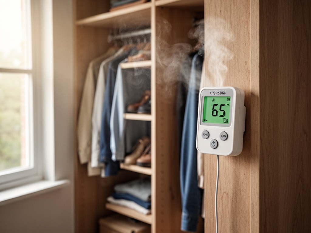 A humidity meter displaying 65% inside an organized closet with proper air gaps between wall and clothing.